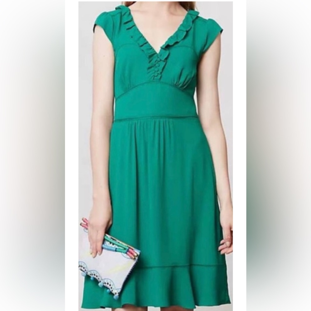 Maeve Teal Ruffle V-Neck Midi Dress